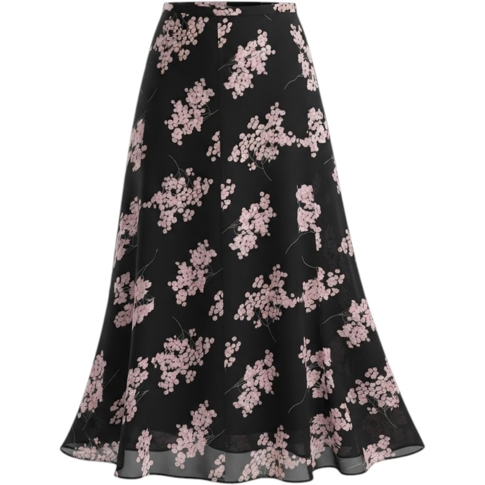 VTG 90s Women Fairy Grunge Skirt 12 Black Pink Floral Maxi Chiffon Whimsigoth